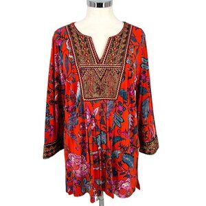 Soft Surroundings Embroidered Sequin Tunic Top Red Orange Floral Size Large